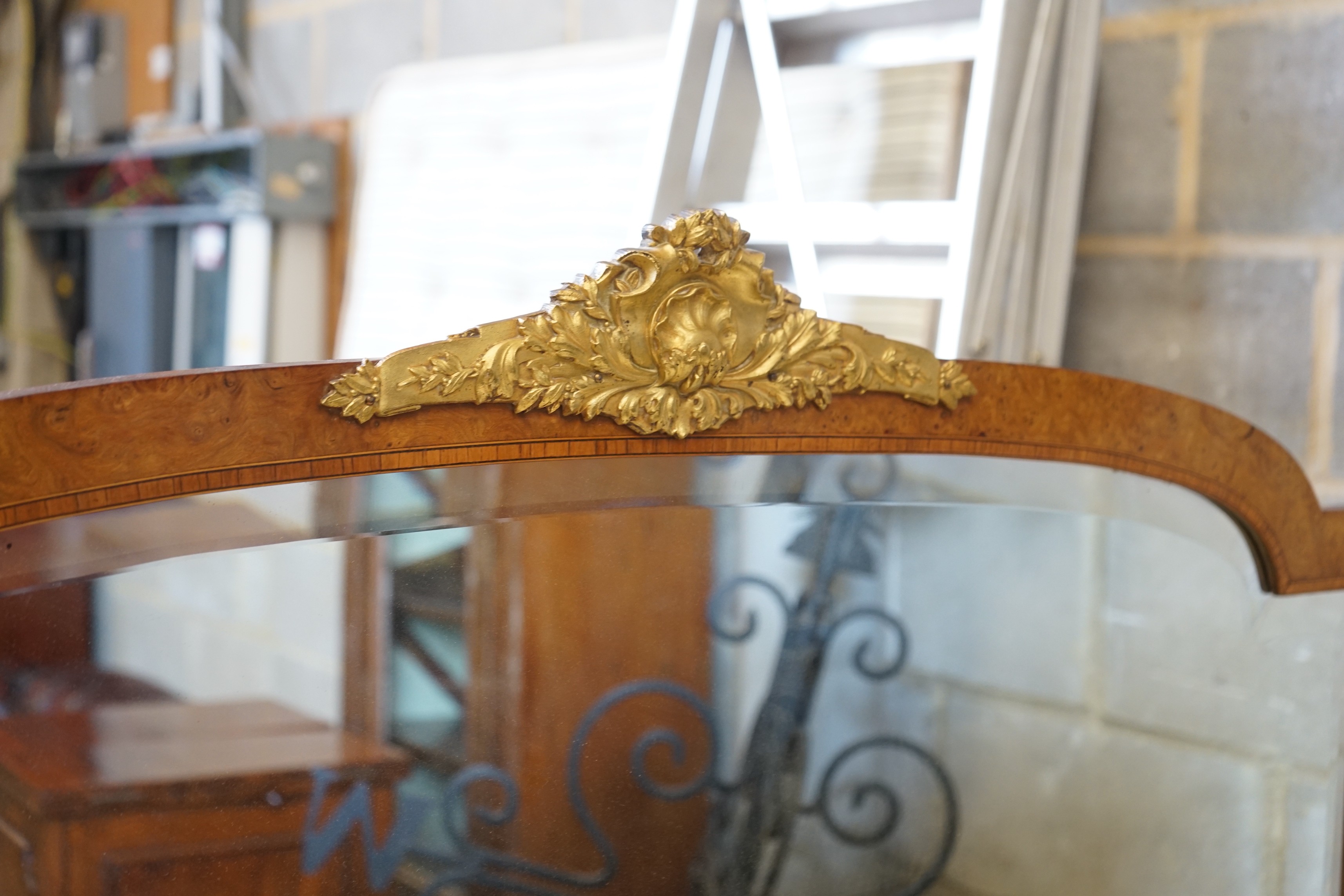 An early 20th century French marble topped birds eye maple breakfront mirror back side cabinet, width 131cm, depth 49cm, height 160cm